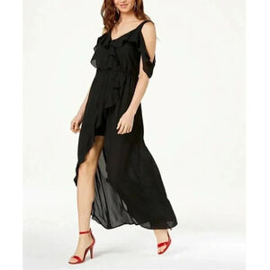 XOXO Juniors' Ruffled Cold-Shoulder High-Low Maxi Chiffon Black Dress NWT XS